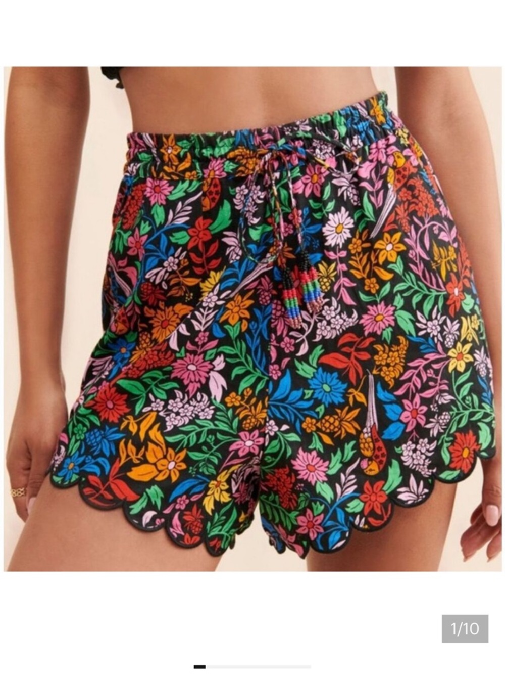 Farm Rio Black Floral Linen scalloped Shorts Medium